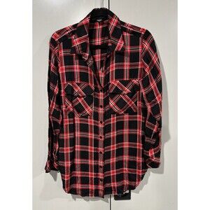 Sanctuary Anthropologie Red Black Plaid Button Down Boyfriend Flannel Shirt Sz S